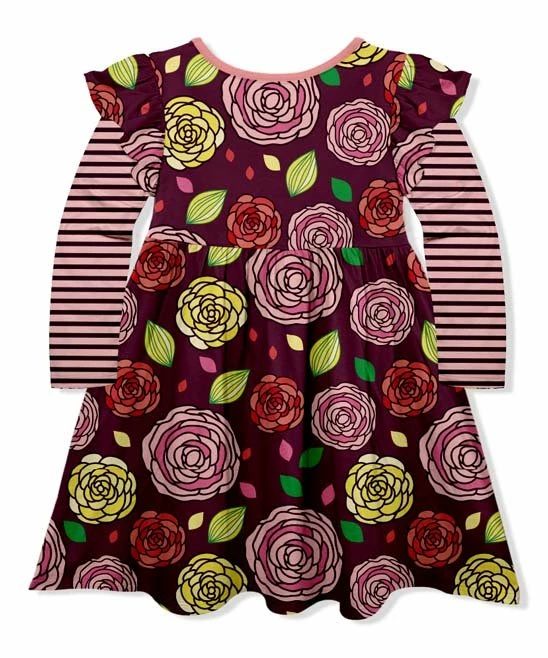 Promo ๐ Hot Sale ๐ Penelope Plumm Burgundy Stripe Floral Ruffle Long-Sleeve ๐ ๐ Dress - Toddler & ๐ง Girls ๐ โจ - Image 2
