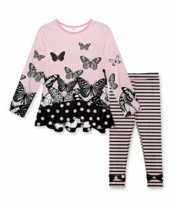 Best Sale 🧨 Outlet 🛒 Penelope Plumm Pink Butterfly Long-Sleeve Tunic & Stripe Bow-Accent Leggings - Toddler & 👧 Girls 🧨 🛒
