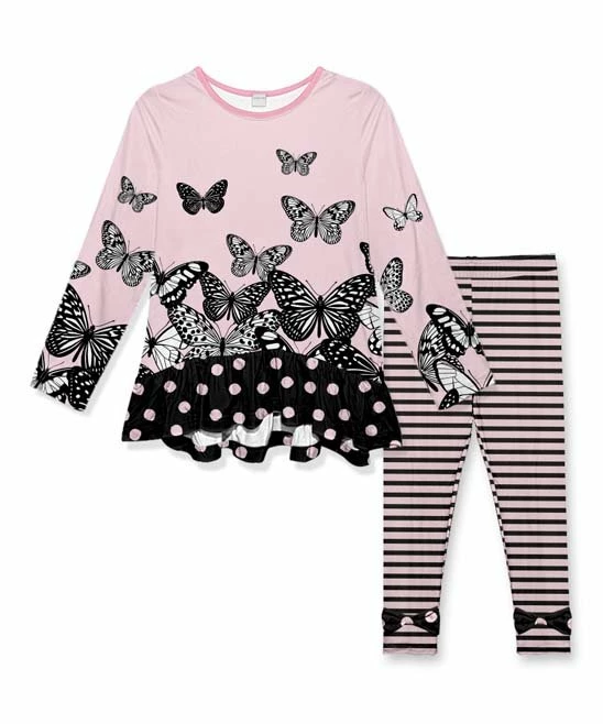 Best Sale ๐งจ Outlet ๐ Penelope Plumm Pink Butterfly Long-Sleeve Tunic & Stripe Bow-Accent Leggings - Toddler & ๐ง Girls ๐งจ ๐