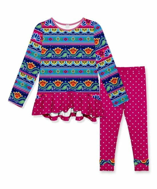 Flash Sale โ๏ธ Wholesale โ๏ธ Penelope Plumm Blue Floral Long-Sleeve Tunic & Pink Dots Bow-Accent Leggings - Toddler & ๐ง Girls ๐ฅ โค๏ธ