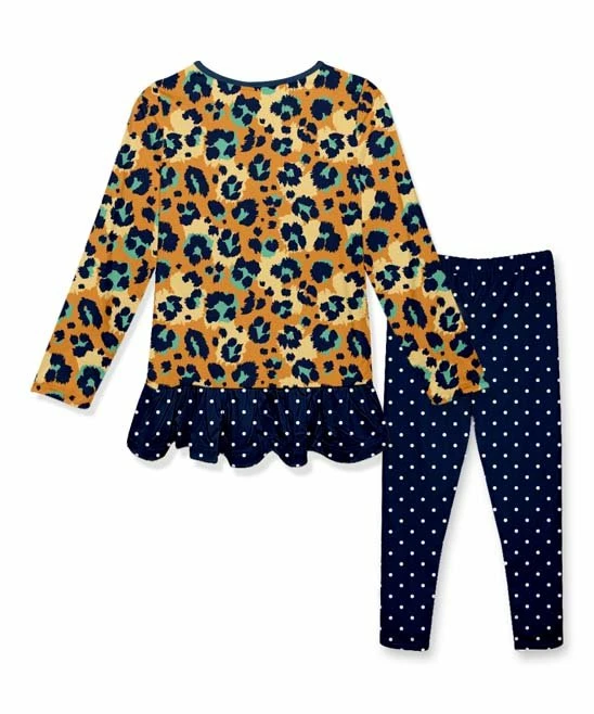 Cheapest โ๏ธ Outlet ๐ Penelope Plumm Orange Leopard Long-Sleeve Tunic & Navy Dots Bow-Accent Leggings - Toddler & ๐ง Girls โญ ๐ - Image 2