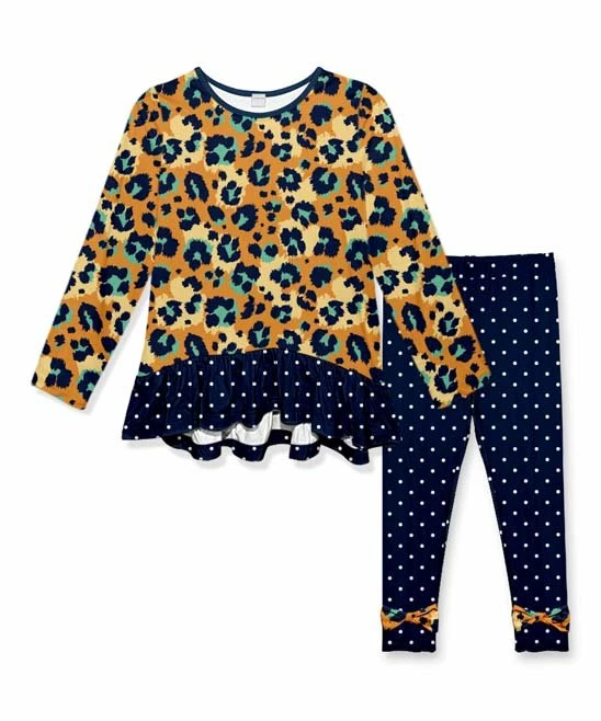 Cheapest โ๏ธ Outlet ๐ Penelope Plumm Orange Leopard Long-Sleeve Tunic & Navy Dots Bow-Accent Leggings - Toddler & ๐ง Girls โญ ๐