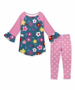 Best Sale ✨ Coupon ❤️ Penelope Plumm Steel Blue Floral Ruffle Raglan Tunic & Pink Heart Leggings - Toddler & 👧 Girls ⌛ 🔔