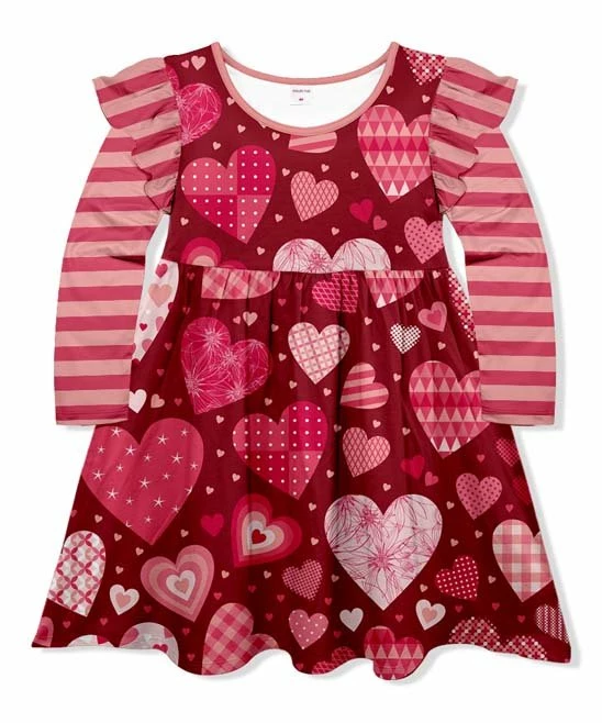 New ๐คฉ Deals โ๏ธ Penelope Plumm Dark Red & Pink Stripe Heart Ruffle Long-Sleeve A-Line ๐ ๐ Dress - Toddler & ๐ง Girls ๐ฅ ๐ฏ
