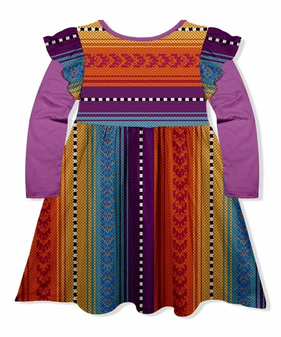 Best deal โค๏ธ Wholesale ๐ Penelope Plumm Purple & Orange Geometric Stripe Ruffle Long-Sleeve A-Line ๐ ๐ Dress - Toddler & ๐ง Girls ๐ ๐ - Image 2