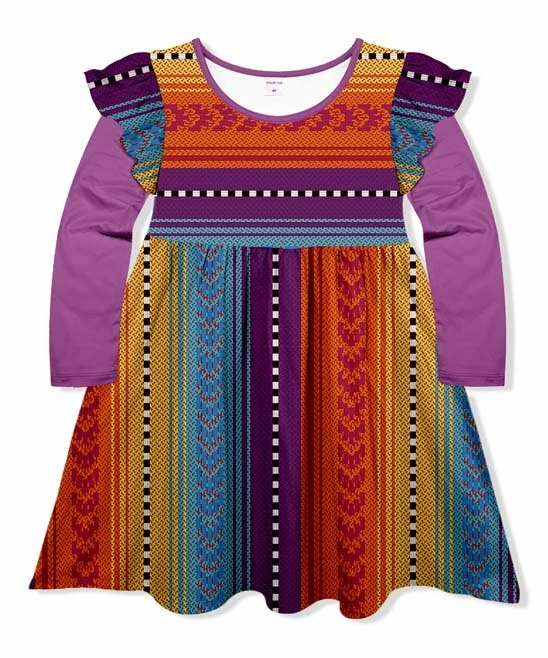 Best deal โค๏ธ Wholesale ๐ Penelope Plumm Purple & Orange Geometric Stripe Ruffle Long-Sleeve A-Line ๐ ๐ Dress - Toddler & ๐ง Girls ๐ ๐