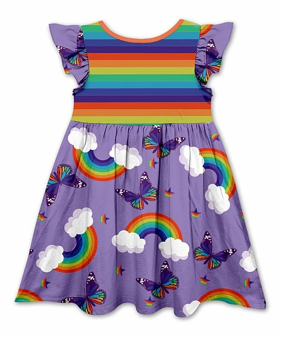 Discount ❤️ Promo 🔔 Penelope Plumm Purple & Green Rainbow Butterflies Angel-Sleeve 👗 👗 Dress - 👧 Girls 🎁 😀 - Image 2