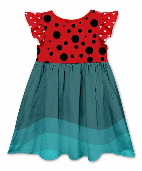 Best Sale ๐ Discount ๐ฏ Penelope Plumm Red & Ocean Blue Ladybug Gradient Angel-Sleeve ๐ ๐ Dress - ๐ง Girls ๐ ๐ - Image 2