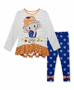 Best reviews of ❤️ Best deal 🔔 Penelope Plumm Gray Stripe Elephant Ruffle-Hem Tunic & Blue Dot Bow-Accent Leggings - 👧 Girls ✨ 🛒