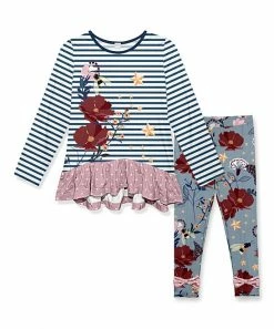 Outlet 🎉 Buy ✔️ Penelope Plumm Dark Navy Stripe Bee Ruffle-Hem Tunic & Steel Blue Floral Leggings - 👧 Girls 🌟 🔔
