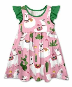Wholesale ⭐ Best Sale ✔️ Penelope Plumm Pink & Green Cactus Llamas Angel-Sleeve 👗 👗 Dress - 👧 Girls ⌛ 😀