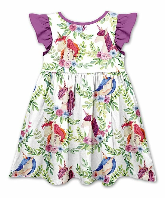 Budget โ๏ธ Best Sale ๐ Penelope Plumm White & Purple Unicorn Angel-Sleeve ๐ ๐ Dress - ๐ง Girls ๐ ๐ - Image 2