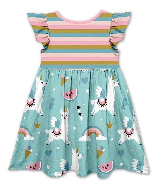 Best deal 🎁 Top 10 😍 Penelope Plumm Pink & Teal Stripe Llama Angel-Sleeve 👗 👗 Dress - 👧 Girls 🔥 🌟 - Image 2