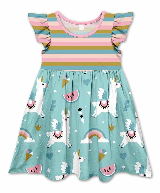 Best deal 🎁 Top 10 😍 Penelope Plumm Pink & Teal Stripe Llama Angel-Sleeve 👗 👗 Dress - 👧 Girls 🔥 🌟
