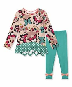Buy ๐ Brand new ๐ Penelope Plumm Beige Butterfly Ruffle-Hem Tunic & Turquoise Bow-Accent Leggings - ๐ง Girls ๐ โ