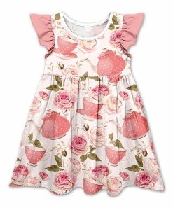 Brand new 👍 Best Pirce 🛒 Penelope Plumm Light Rose & Pink Floral Teapot Angel-Sleeve 👗 👗 Dress - 👧 Girls 👍 ⌛