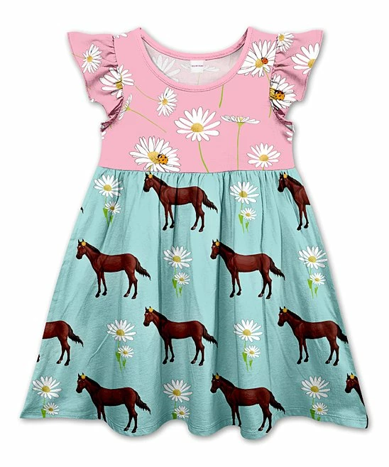 Budget ๐ Best Pirce ๐ Penelope Plumm Pink & Pale Turquoise Floral Horses Angel-Sleeve ๐ ๐ Dress - ๐ง Girls ๐งจ ๐ฅ