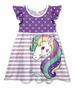 Top 10 🧨 Outlet 🛒 Penelope Plumm Violet & Periwinkle Stripe Unicorn Angel-Sleeve 👗 👗 Dress - 👧 Girls ⌛ 😉
