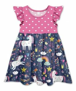 Brand new 😀 Best Pirce 🔥 Penelope Plumm Pink & Navy Heart Unicorn Angel-Sleeve 👗 👗 Dress - 👧 Girls 🌟 🛒