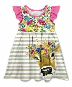 Budget โจ Flash Sale ๐ Penelope Plumm Pink & Olive Stripe Cow Angel-Sleeve ๐ ๐ Dress - ๐ง Girls โ๏ธ โ