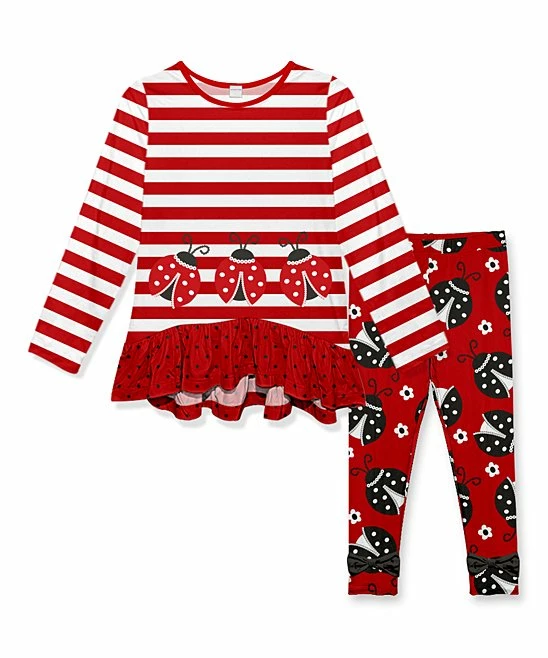 Top 10 ๐ฅฐ New ๐ Penelope Plumm Red Stripe Ruffle-Hem Tunic & Ladybug Bow-Accent Leggings - ๐ง Girls โญ ๐