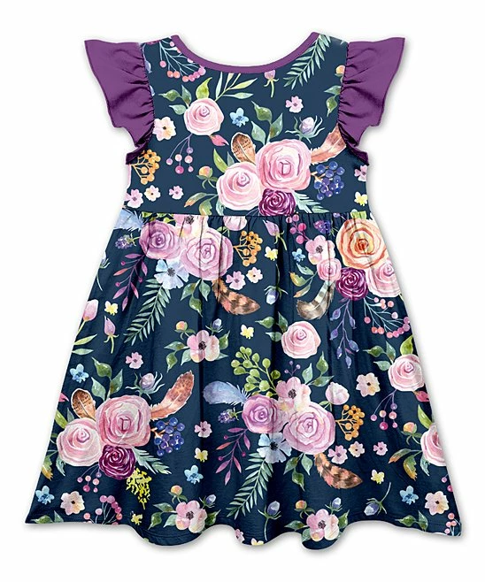 Deals โ Coupon ๐ Penelope Plumm Dark Navy & Purple Floral Angel-Sleeve ๐ ๐ Dress - ๐ง Girls ๐งจ โค๏ธ - Image 2