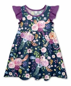 Deals โ Coupon ๐ Penelope Plumm Dark Navy & Purple Floral Angel-Sleeve ๐ ๐ Dress - ๐ง Girls ๐งจ โค๏ธ