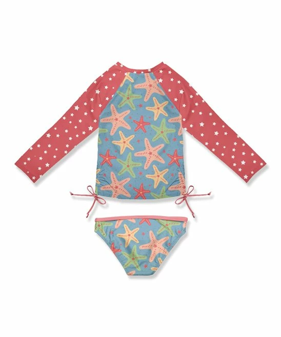 Discount 🤩 Best deal 😀 Penelope Plumm Coral & Blue Stars & Starfish Bow Rashguard Tee & Swim Bottoms - Toddler & 👧 Girls 😉 🤩 - Image 2