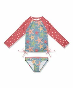 Discount ๐คฉ Best deal ๐ Penelope Plumm Coral & Blue Stars & Starfish Bow Rashguard Tee & Swim Bottoms - Toddler & ๐ง Girls ๐ ๐คฉ