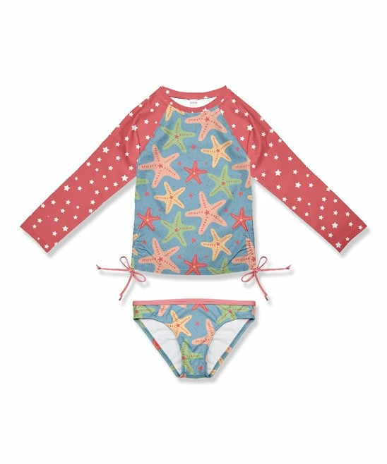 Discount 🤩 Best deal 😀 Penelope Plumm Coral & Blue Stars & Starfish Bow Rashguard Tee & Swim Bottoms - Toddler & 👧 Girls 😉 🤩