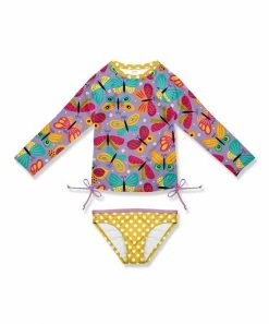 New ๐ฅ Wholesale ๐ Penelope Plumm Lilac & Yellow Butterfly & Dot Bow Rashguard Tee & Swim Bottoms - Toddler & ๐ง Girls ๐ ๐คฉ