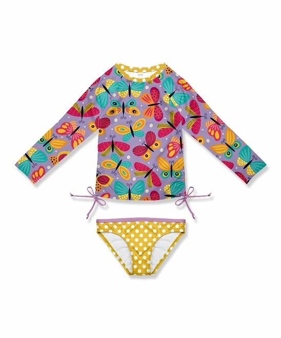 New 🔥 Wholesale 😀 Penelope Plumm Lilac & Yellow Butterfly & Dot Bow Rashguard Tee & Swim Bottoms - Toddler & 👧 Girls 🔔 🤩