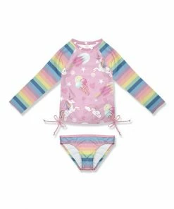 Outlet ๐ Cheapest ๐ Penelope Plumm Pink & Blue Stripe & Ice Cream Bow Rashguard Tee & Swim Bottoms - Toddler & ๐ง Girls ๐ ๐