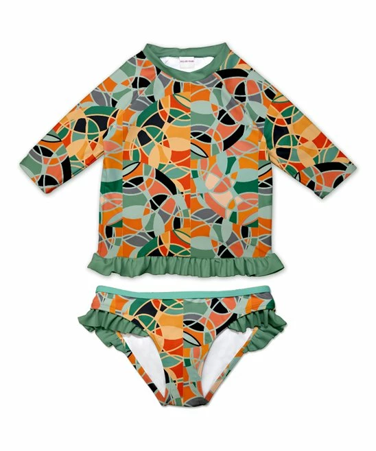 Buy ๐ฅ Wholesale โจ Penelope Plumm Bean Green Abstract Ruffle-Accent Rashguard Set - Toddler & ๐ง Girls ๐ ๐