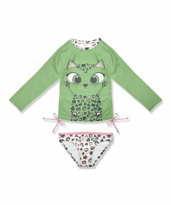 New ๐คฉ Brand new ๐ Penelope Plumm Green Cat Hearts Bow Rashguard Tee & Swim Bottoms - Toddler & ๐ง Girls ๐ ๐ฏ
