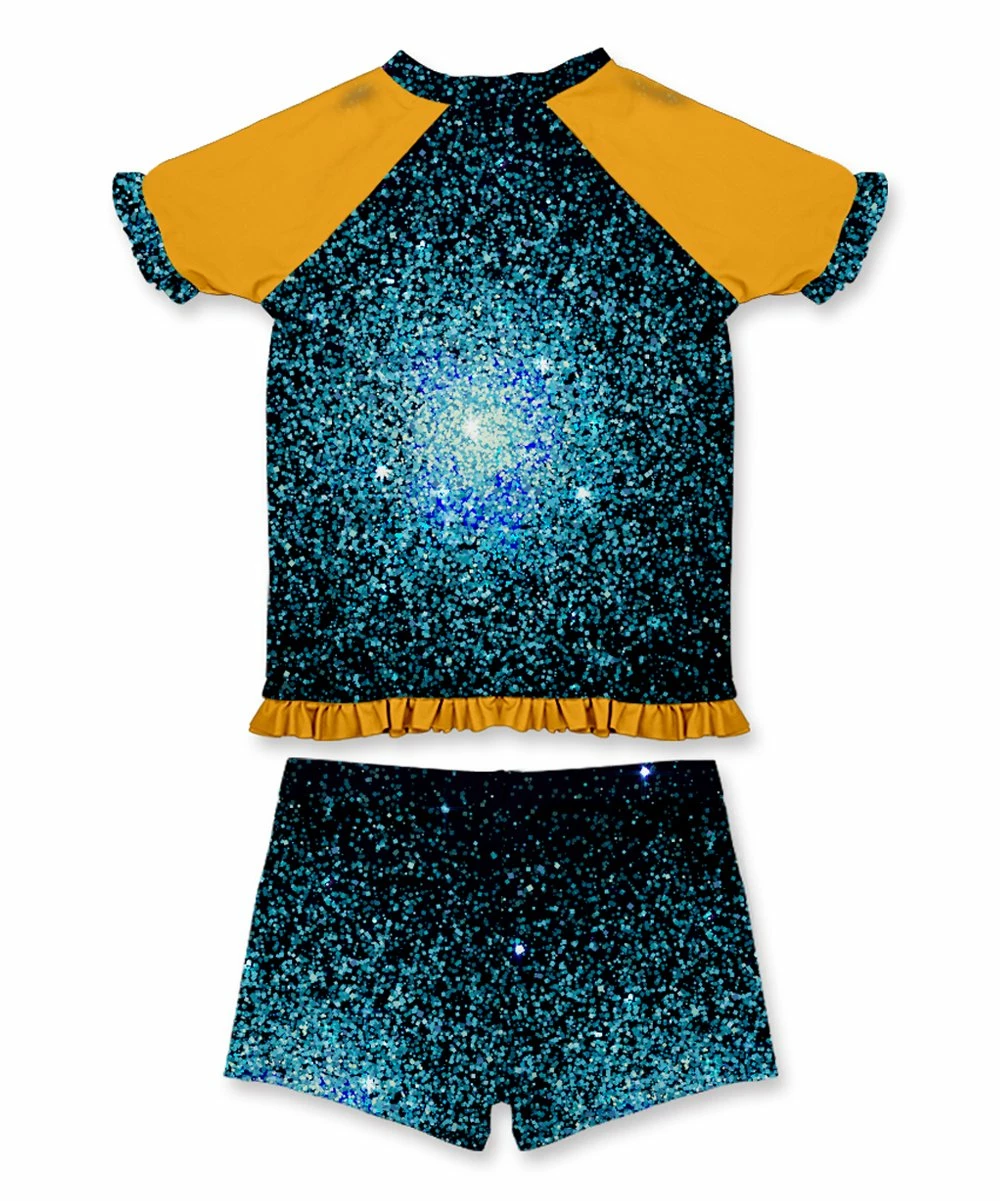 Discount ๐ฅ Outlet ๐ฏ Penelope Plumm Orange & Navy Sparkle Mermaid Ruffle Rashguard Set - Toddler & ๐ง Girls ๐ ๐คฉ - Image 2