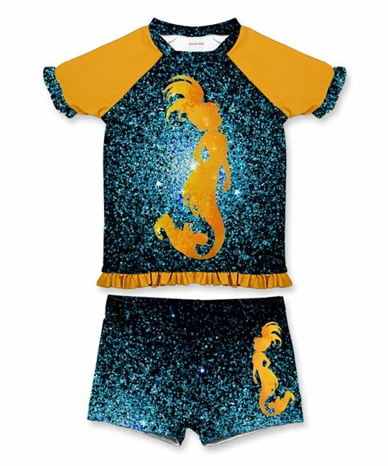 Discount ๐ฅ Outlet ๐ฏ Penelope Plumm Orange & Navy Sparkle Mermaid Ruffle Rashguard Set - Toddler & ๐ง Girls ๐ ๐คฉ