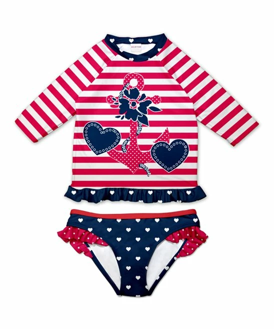 Deals ๐ New ๐ Penelope Plumm Red & Navy Stripe & Hearts Ruffle-Accent Rashguard Set - Toddler & ๐ง Girls ๐ ๐