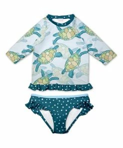 Best Pirce 🧨 Coupon ⭐ Penelope Plumm Powder Blue Turtle & Dots Ruffle-Accent Rashguard Set - Toddler & 👧 Girls 😀 🌟