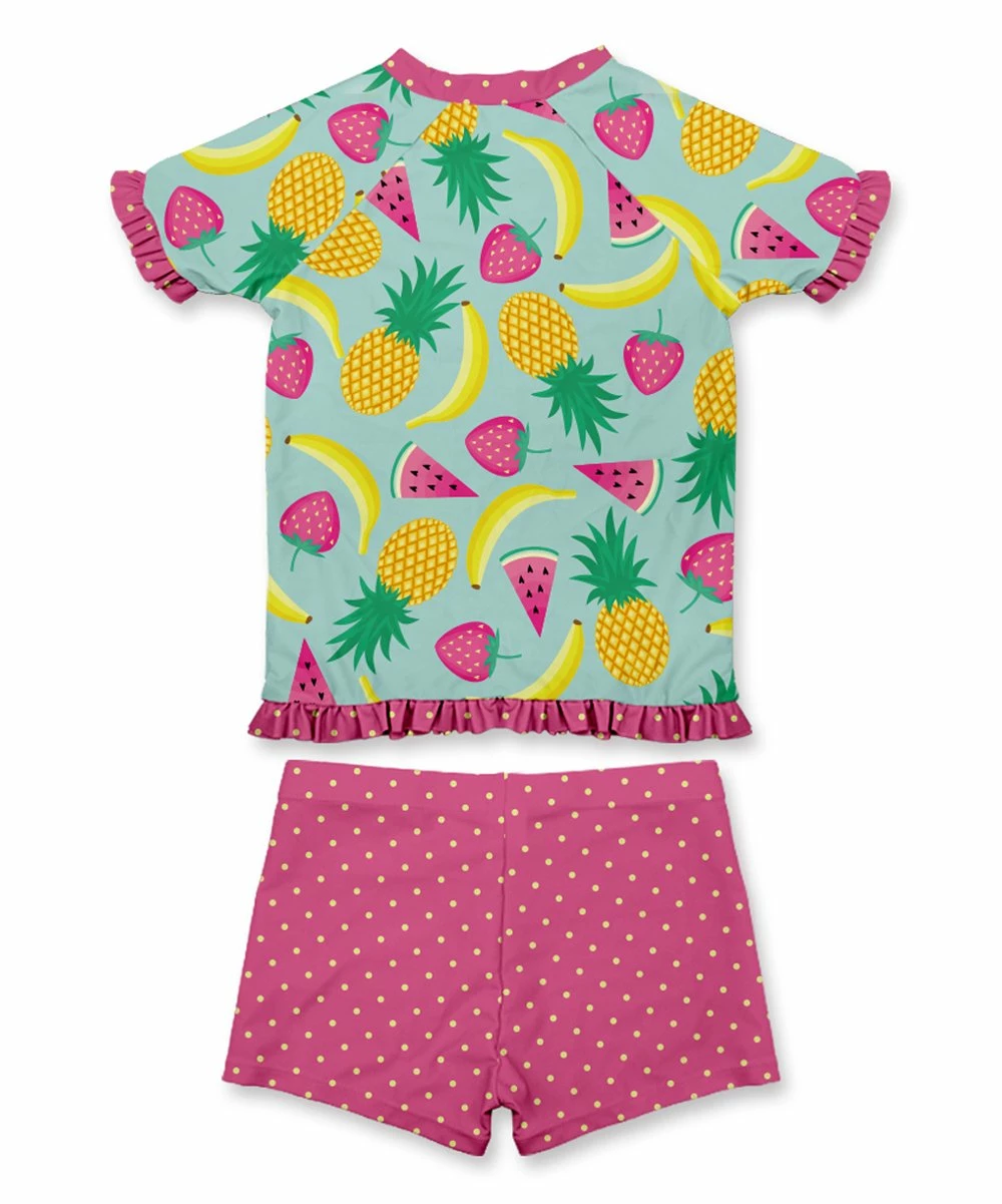 Discount ๐ Hot Sale ๐ Penelope Plumm Turquoise & Pink Fruit & Dots Ruffle Rashguard Set - Toddler & ๐ง Girls โ๏ธ ๐ฏ - Image 2