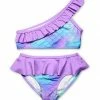 Best Sale 💯 New 👏 Penelope Plumm Purple Scale Ruffle Asymmetrical 👙 👙 Bikini - Toddler & 👧 Girls 👍 ❤️