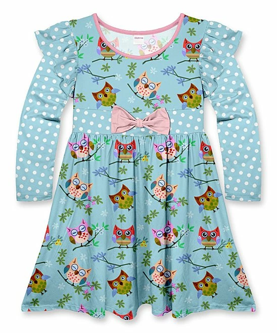 Flash Sale ๐งจ Cheapest ๐ Penelope Plumm Light Turquoise Dot Owl Bow A-Line ๐ ๐ Dress - Toddler & ๐ง Girls ๐ โญ