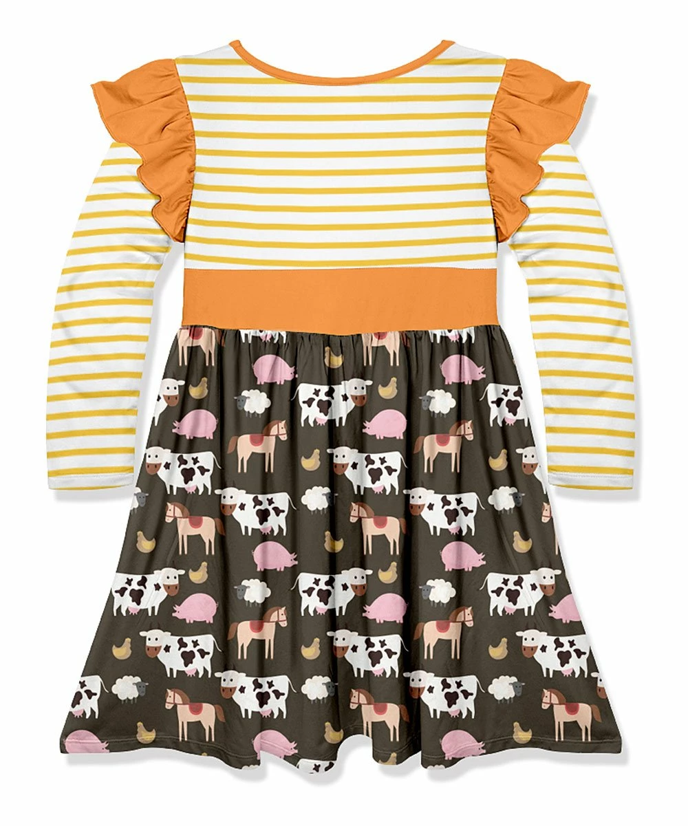 Outlet ๐ Best Pirce ๐ Penelope Plumm Yellow Stripe & Dark Gray Farm Animals Bow ๐ ๐ Dress - Toddler & ๐ง Girls ๐ ๐คฉ - Image 2