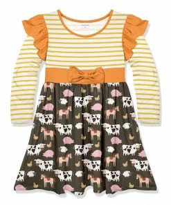 Outlet 🎉 Best Pirce 🎉 Penelope Plumm Yellow Stripe & Dark Gray Farm Animals Bow 👗 👗 Dress - Toddler & 👧 Girls 🎉 🤩