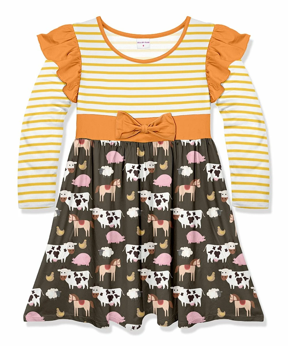Outlet ๐ Best Pirce ๐ Penelope Plumm Yellow Stripe & Dark Gray Farm Animals Bow ๐ ๐ Dress - Toddler & ๐ง Girls ๐ ๐คฉ