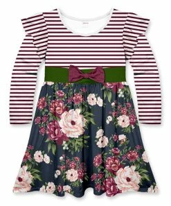 New 🧨 Brand new 😉 Penelope Plumm Jasper & Burgundy Floral Stripe Bow Flutter-Sleeve 👗 👗 Dress - Toddler & 👧 Girls 😀 ❤️