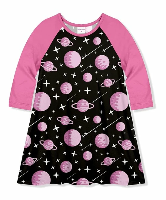 Promo ๐ฅฐ Brand new ๐ฅ Penelope Plumm Black & Magenta Space Planet Raglan Shift ๐ ๐ Dress - Toddler & ๐ง Girls ๐ฏ โจ