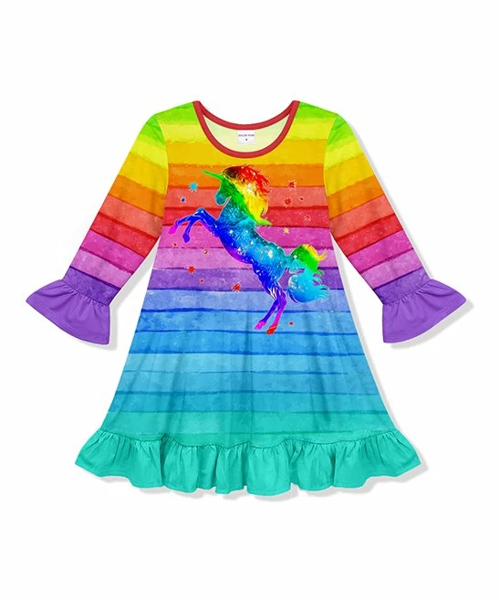 Deals ๐ Flash Sale โจ Penelope Plumm Rainbow Stripe Unicorn Ruffle Shift ๐ ๐ Dress - Toddler & ๐ง Girls โค๏ธ โจ