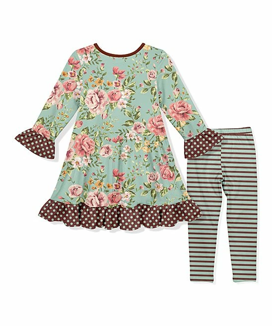 Top 10 ๐ Promo ๐ Penelope Plumm Teal & Brown Floral Ruffle Shift ๐ ๐ Dress & Leggings - Toddler & ๐ง Girls ๐ ๐คฉ - Image 2