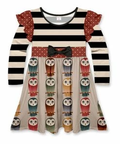 Top 10 ⭐ Best Pirce 💯 Penelope Plumm Black Stripe & Cream Owl Ruffle-Sleeve 👗 👗 Dress 🧨 ✨